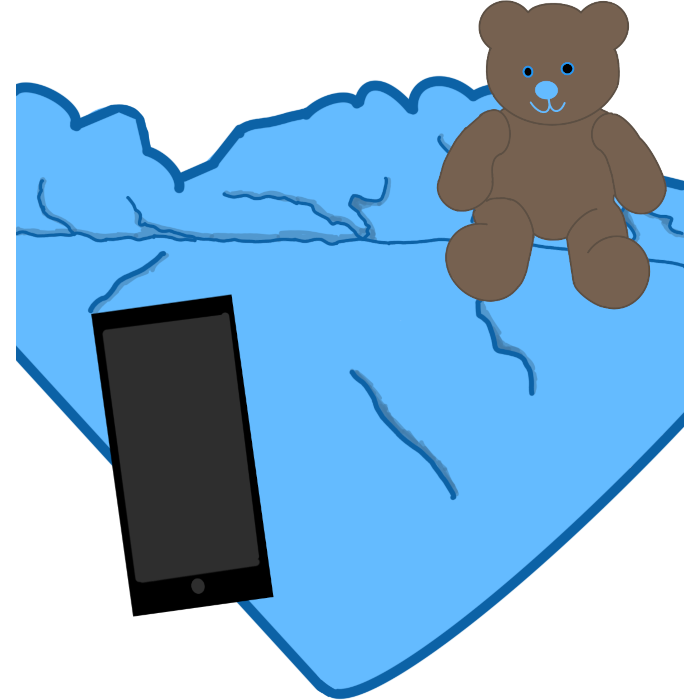 A light blue blanket, a brown teddy bear, and a phone. The blanket is mostly scrunched up but one of the corners is flat. The teddy bear is sitting on some of the scrunched up blanket. Finally the phone is laying partially on the not scrunched up blanket corner